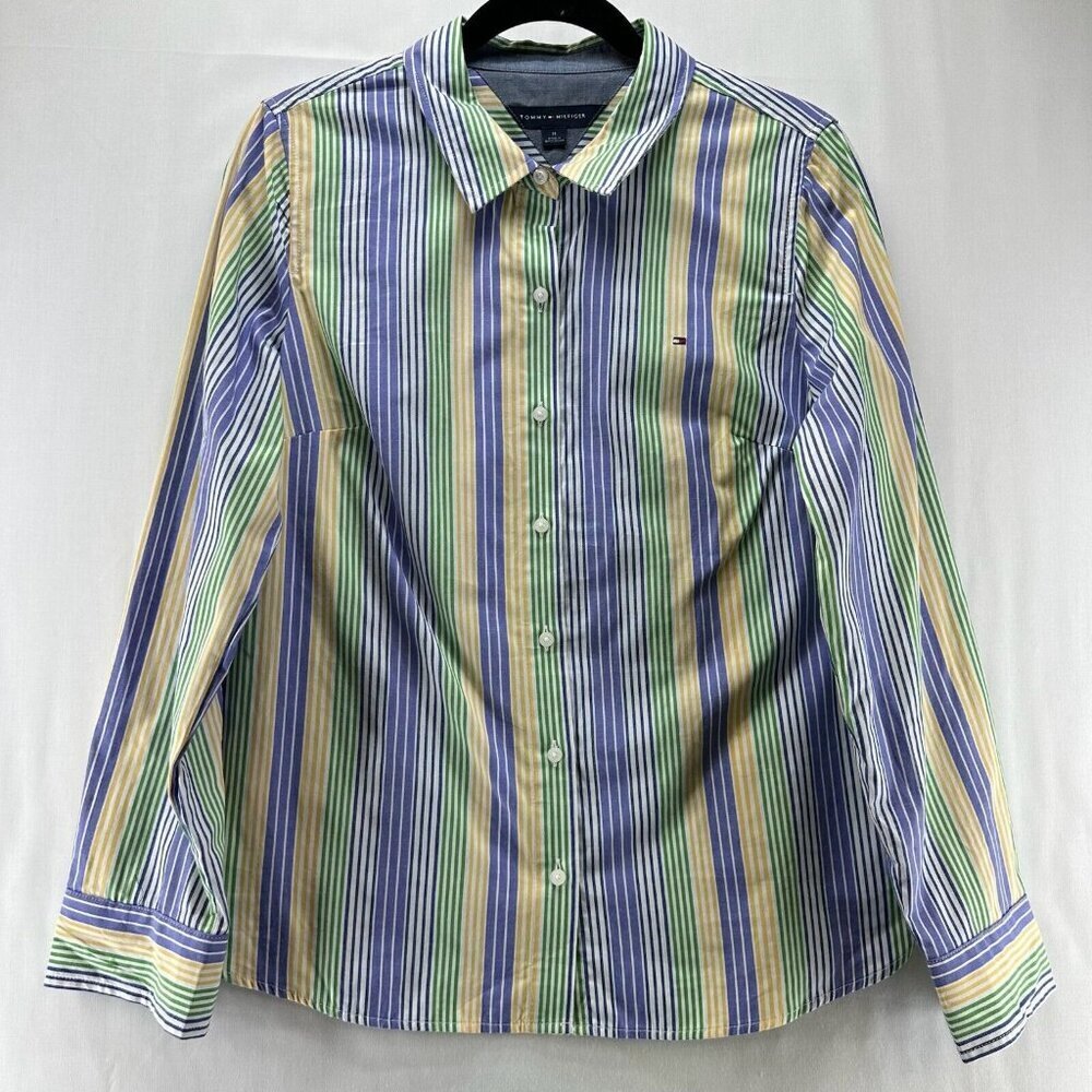 Tommy Hilfiger Shirt Womens M Stripe Button Front Long Sleeve Cotton Blue Yellow